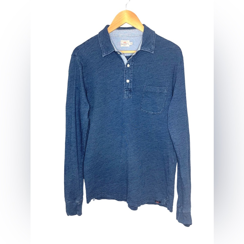 Faherty long sleeve indigo collared henley, men’s medium